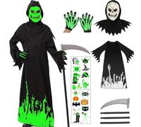 Antsparty Grim Reaper Costume Kids Boys Halloween Costume, Glow In The Dark Grim Reaper Costume with Scythe Skull Mask Gloves, Kids Scary Halloween Costume Grim Reaper Fancy Dress