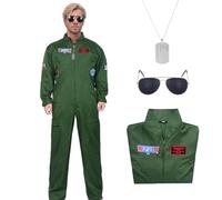 Antsparty Men Pilot Costume Aviator Fancy Dress Set with Pilot Jumpsuit Necklace Sunglasses, Green Aviator Flight Suit for Men Adult Halloween Cosplay Costume