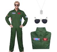 Antsparty Men Pilot Costume Aviator Fancy Dress Set with Pilot Jumpsuit Necklace Sunglasses, Green Aviator Flight Suit for Men Adult Halloween Cosplay Costume (Green, M)