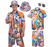 Antsparty Mens Hawaiian Shirt and Shorts Set, Men's Flower Hawaiian Sets with Bucket Hat Sunglasses, Summer Casual Beach Holiday Outfits