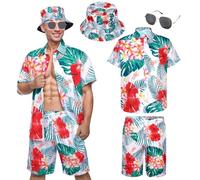 Antsparty Mens Hawaiian Shirt and Shorts Set, Men's Flower Hawaiian Sets with Bucket Hat Sunglasses, Summer Casual Beach Holiday Outfits