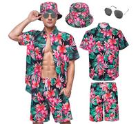 Antsparty Mens Hawaiian Shirt and Shorts Set, Men's Flower Hawaiian Sets with Bucket Hat Sunglasses, Summer Casual Beach Holiday Outfits