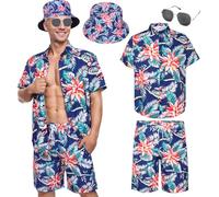 Antsparty Mens Hawaiian Shirt and Shorts Set, Men's Flower Hawaiian Sets with Bucket Hat Sunglasses, Summer Casual Beach Holiday Outfits