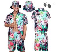 Antsparty Mens Hawaiian Shirt and Shorts Set, Men's Flower Hawaiian Sets with Bucket Hat Sunglasses, Summer Casual Beach Holiday Outfits