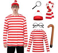 Antsparty Red and White Striped T-Shirt Set for Adult, 6PCS Wally Costume Cosplay with T-Shirt, Socks, Beanie Hat, Glasses, Men Women Halloween Costumes World Book Day Outfit