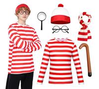 Antsparty Red and White Striped T-Shirt Set for Adult, 6PCS Wally Costume Cosplay with T-Shirt, Socks, Beanie Hat, Glasses, Men Women Halloween Costumes World Book Day Outfit