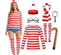 Antsparty Red and White Striped T-Shirt Set for Adult, 6PCS Wally Costume Cosplay with T-Shirt, Socks, Beanie Hat, Glasses, Men Women Halloween Costumes World Book Day Outfit