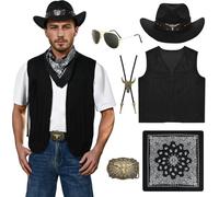 Antsparty Western Cowboy Costume for Men, Cowboy Cosplay Outfits with Tassel Vest Cowboy Hat Glasses Paisley Bandana, Retro Cowboy Fancy Dress for Western Theme Party Cosplay