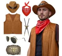 Antsparty Western Cowboy Costume for Men, Cowboy Cosplay Outfits with Tassel Vest Cowboy Hat Glasses Paisley Bandana, Retro Cowboy Fancy Dress for Western Theme Party Cosplay