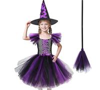 Antsparty Witch Costume Set Kids Girls Magic Witch Halloween Costume with Hat and Handbag, Cute Fairytale Witch Dress Costume For Girls Halloween Carnival Costume, 4-5 Years, Purple