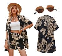 Antsparty Womens Hawaiian Shirt and Shorts Set, Women’s Causal Cardigan Short Sleeve, Cool Floral Tropic Print Shirt Sunglasses, Summer Casual Beach Holiday Outfits
