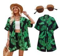 Antsparty Womens Hawaiian Shirt and Shorts Set, Women’s Causal Cardigan Short Sleeve, Cool Floral Tropic Print Shirt Sunglasses, Summer Casual Beach Holiday Outfits Green