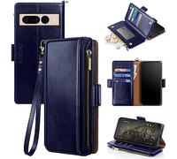 Antsturdy Compatible with Google Pixel 7 Pro Case Wallet with Card Holder,Phone Case RFID Blocking PU Leather Flip Shockproof Cover with Wrist Strap Zipper Credit Card Slots for Women Men,Dark Blue