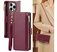 Antsturdy Compatible with iPhone 14 Pro Wallet Case for Women【RFID Blocking】 Crossbody Phone Case PU Leather Zipper with Wrist Strap Flip Cover Credit Card Holder for Apple 14 Pro 6.1",Wine Red