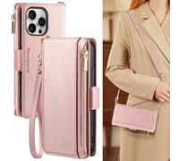 Antsturdy Compatible with iPhone 14 Pro Wallet Case for Women【RFID Blocking】 Crossbody Phone Case PU Leather Zipper with Wrist Strap Flip Cover Credit Card Holder for Apple 14 Pro 6.1",Rose Gold