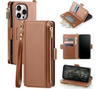 Antsturdy Compatible with iPhone 14 Pro Wallet Case,RFID Blocking PU Leather Phone Case Women Men Kickstand Flip Cover Wrist Strap Zipper Credit Card Holder Slots for Apple 14 Pro 6.1",Light Brown