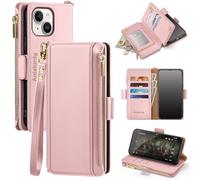 Antsturdy Compatible with iPhone 15 Plus Wallet Case【RFID Blocking】 PU Leather Phone Case Women Men Flip Shockproof Protective Cover Strap Zipper Credit Card Holder Slots,for Apple 15 Plus,Pink