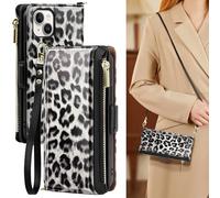 Antsturdy Compatible with iPhone 15 Wallet Case for Women【RFID Blocking】 Crossbody Phone Case PU Leather Zipper Wrist Strap Flip Cover Credit Card Holder Slots,for Apple 15 6.1",Leopard-White/Black