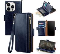 Antsturdy Compatible with iPhone 16 Pro Max Wallet Case,RFID Blocking PU Leather Phone Case Women Men Kickstand flip Cover Wrist Strap Zipper Credit Card Holder Slots for Apple 16 ProMax,Dark Blue