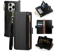 Antsturdy Compatible with iPhone 16 Pro Max Wallet Case,RFID Blocking PU Leather Phone Case Women Men Kickstand flip Cover Wrist Strap Zipper Credit Card Holder Slots for Apple 16 ProMax,Black