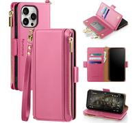 Antsturdy Compatible with iPhone 16 Pro Max Wallet Case,RFID Blocking PU Leather Phone Case Women Men Kickstand flip Cover Wrist Strap Zipper Credit Card Holder Slots for Apple 16 ProMax,Hot Pink