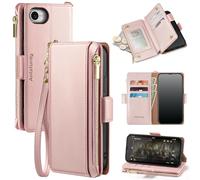 Antsturdy Compatible with iPhone SE4 Wallet Case,RFID Blocking PU Leather Phone Case Women Men Kickstand flip Cover Wrist Strap Zipper Credit Card Holder Slots for Apple SE4 6.1",Rose Gold