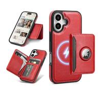 Antsturdy Compatible with MagSafe 2 in 1 Detachable Magnetic iPhone 17 Case Wallet with AirTag Holder,Men Women PU Leather RFID Blocking Credit Card Holder Slots Flip Cover Kickstand,Red