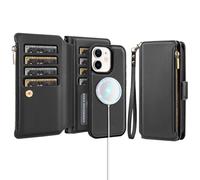 Antsturdy Compatible with Magsafe Magnetic 2 in 1 Detachable iPhone 11 Wallet Case with Credit Card Holder Slots,PU Leather Flip RFID Blocking Phone Cover Wrist Strap Zipper Women Men,Black