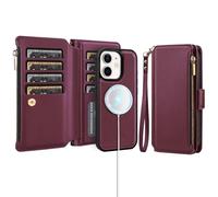 Antsturdy Compatible with Magsafe Magnetic 2 in 1 Detachable iPhone 11 Wallet Case with Credit Card Holder Slots,PU Leather Flip RFID Blocking Phone Cover Wrist Strap Zipper Women Men,Wine Red