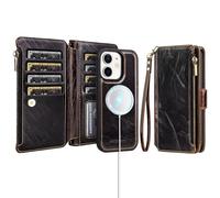Antsturdy Compatible with Magsafe Magnetic 2 in 1 Detachable iPhone 11 Wallet Case with Credit Card Holder Slots,PU Leather Flip RFID Blocking Phone Cover Wrist Strap Zipper Women Men,Coffee