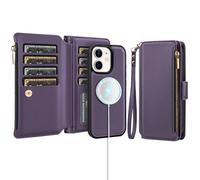 Antsturdy Compatible with Magsafe Magnetic 2 in 1 Detachable iPhone 11 Wallet Case with Credit Card Holder Slots,PU Leather Flip RFID Blocking Phone Cover Wrist Strap Zipper Women Men,Purple