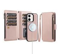 Antsturdy Compatible with Magsafe Magnetic 2 in 1 Detachable iPhone 11 Wallet Case with Credit Card Holder Slots,PU Leather Flip RFID Blocking Phone Cover Wrist Strap Zipper Women Men,Rose Gold