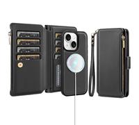 Antsturdy Compatible with Magsafe Magnetic 2 in 1 Detachable iPhone 14 Wallet Case with Credit Card Holder Slots,PU Leather Flip RFID Blocking Phone Cover Wrist Strap Zipper Women Men,Black