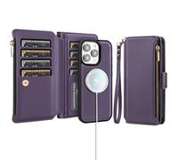 Antsturdy Compatible with Magsafe Magnetic 2 in 1 Detachable iPhone 15 Pro Max Wallet Case with Credit Card Holder Slots,PU Leather RFID Blocking Phone Cover Wrist Strap Zipper Women Men,Purple