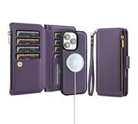 Antsturdy Compatible with Magsafe Magnetic 2 in 1 Detachable iPhone 16 Pro Max Wallet Case with Credit Card Holder Slots,PU Leather RFID Blocking Phone Cover Wrist Strap Zipper Women Men,Purple