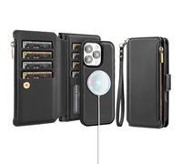 Antsturdy Compatible with Magsafe Magnetic 2 in 1 Detachable iPhone 16 Pro Wallet Case with Credit Card Holder Slots,PU Leather RFID Blocking Phone Cover Wrist Strap Zipper Women Men,Black