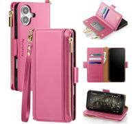 Antsturdy Compatible with Phone 17 Wallet Case,RFID Blocking PU Leather Phone Case Women Men Kickstand flip Cover Wrist Strap Zipper Credit Card Holder Slots for 17 6.3",Hot Pink