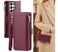 Antsturdy Compatible with Samsung Galaxy S25 Ultra Wallet Case for Women【RFID Blocking】 Crossbody Phone Case PU Leather Zipper with Wrist Strap Flip Cover Credit Card Holder for S25 Ultra,Wine Red