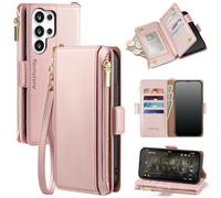 Antsturdy Compatible with Samsung Galaxy S26 Ultra Wallet Case with Card Holder【RFID Blocking】【Zipper Poket】【7 Card Slot】 PU Leather Flip Protective Cover Credit Card Wrist Strap Men Women,Rose Gold