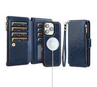 Antsturdy for iPhone 15 Pro Wallet Case with Credit Card Holder Slots,Compatible with Magsafe Magnetic 2 in 1 Detachable PU Leather RFID Blocking Phone Cover Wrist Strap Zipper Women Men,Dark Blue