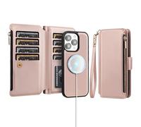 Antsturdy for iPhone 15 Pro Wallet Case with Credit Card Holder Slots,Compatible with Magsafe Magnetic 2 in 1 Detachable PU Leather RFID Blocking Phone Cover Wrist Strap Zipper Women Men,Rose Gold