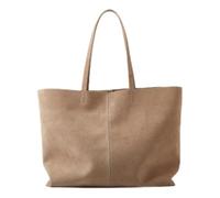 ANTTK Genuine Cowhide Suede Tote Bag with Zipper Closure, Medium Horizontal Square Shoulder Handbag, Double Straps with Hidden Zipper Pocket, Daily Commute, Coffee Dark Brown Off-White