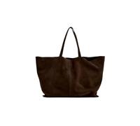 ANTTK Genuine Cowhide Suede Tote Bag with Zipper Closure, Medium Horizontal Square Shoulder Handbag, Double Straps with Hidden Zipper Pocket, Daily Commute, Coffee Dark Brown Off-White
