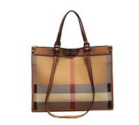 ANTTK PU Leather Large Tote Bag, Plaid Print Color-Block Trim, Lock-Button Closure Horizontal Square Handbag, Double Straps Cut-Out Pocket, for Daily Commute, Brown