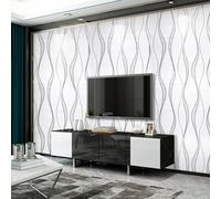 Anttyscar Non-Woven Wallpaper Glitter Effect Textured 3D Flocking Embossed Wallpapers 53cm x 9.5m Wave Stripes Wall Paper Roll for Living Room Bedroom White