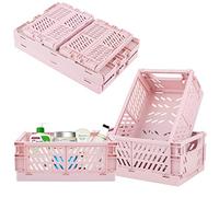 ANUBE Plastic Storage Baskets for Desk Organizing, Office Drawer Organizer, 2 Medium+2 Small Durable Folding Storage Crate for Home Kitchen Classroom Office Bedroom and Bathroom Storage (Pink)