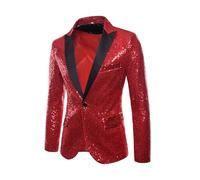Anuedgis Mens Sequin Jacket Shiny Long Sleeve Prom Suit Blazer Chic One Button Lapel Tuxedo Jacket for Disco Party Wedding Magic Performance (A-Red, XL)