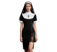 Anuedgis Women Sexy Nun Costumes Short Sleeve Lace Patchwork Mini Dress with Headdress Halloween Naughty Nun Fancy Dress Outfit (A-Black, S)