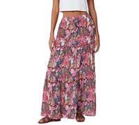 Anuedgis Women's Boho Floral Maxi Skirt Elasticated Waist Long Flowy Gypsy Indian Skirt with Pockets for Summer Holiday Beach Vacation (A-Pink, M)