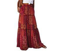 Anuedgis Women's Boho Floral Maxi Skirt Elasticated Waist Long Flowy Gypsy Indian Skirt with Pockets for Summer Holiday Beach Vacation (A-Red, L)